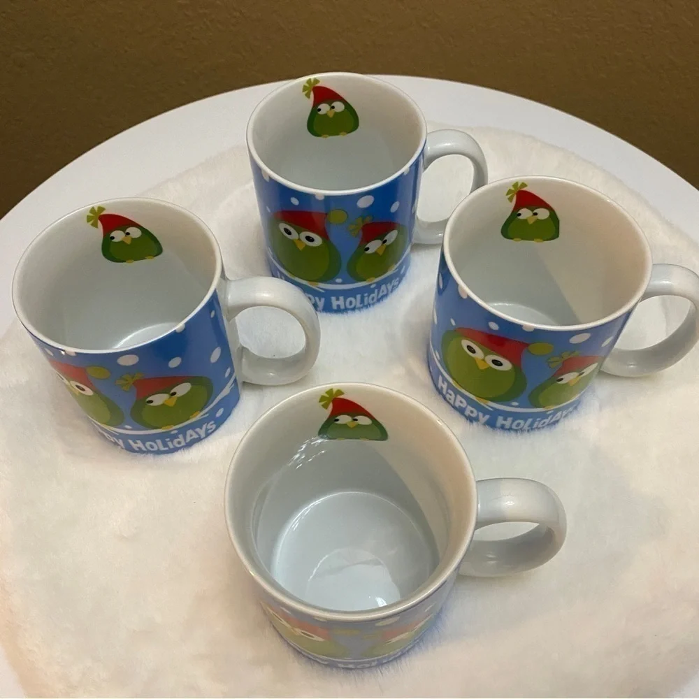 Pier 1 Holiday Owl Mugs – Set of 4 – Christmas Ceramic Cups